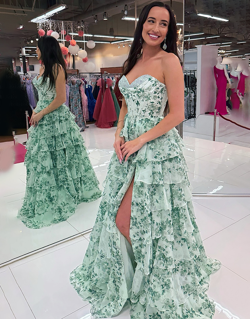 Light Green Floral A-Line Sweetheart Ruffled Long Corset Prom Dress with Slit