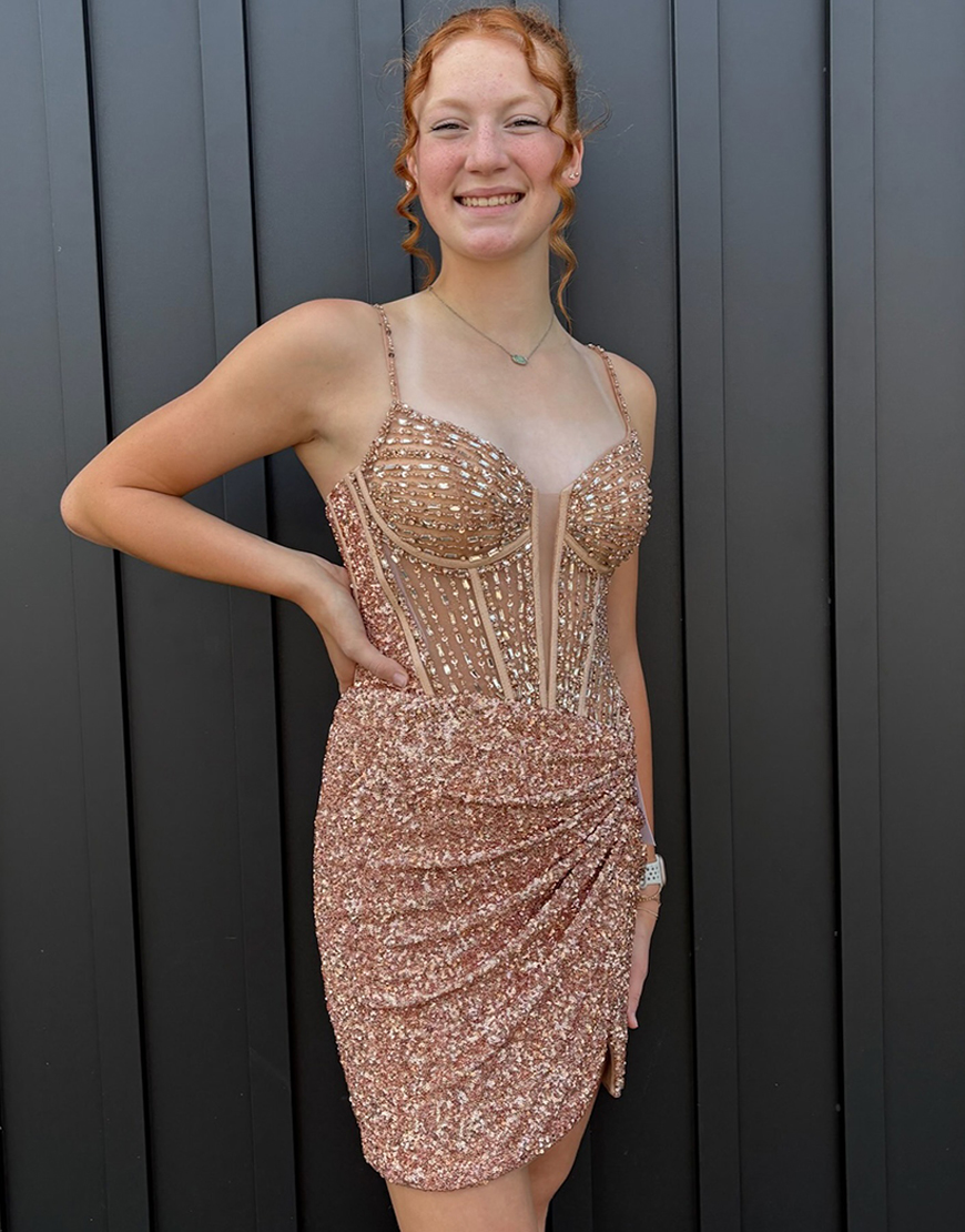 Sparkly Gold Spaghetti Straps Sequin Tight Corset Short Homecoming Dress with Beading
