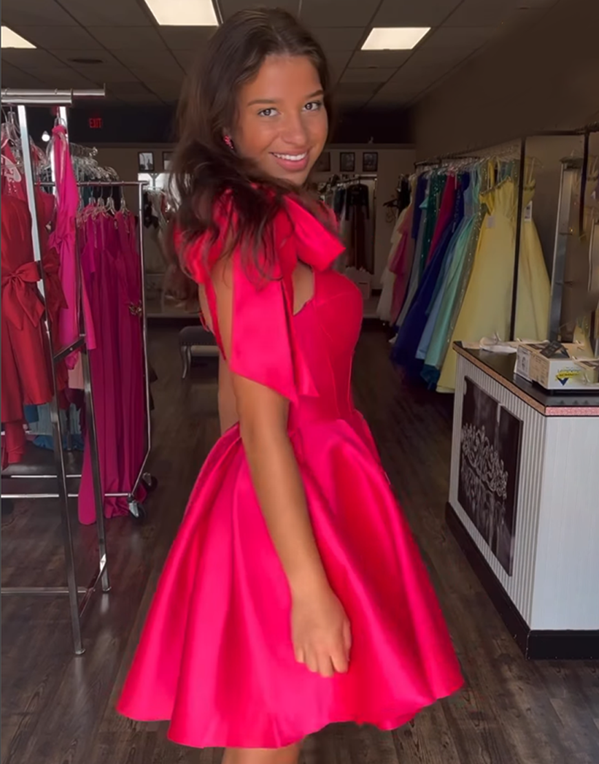 Red A-Line Spaghetti Straps Satin Short Homecoming Dress with Bows
