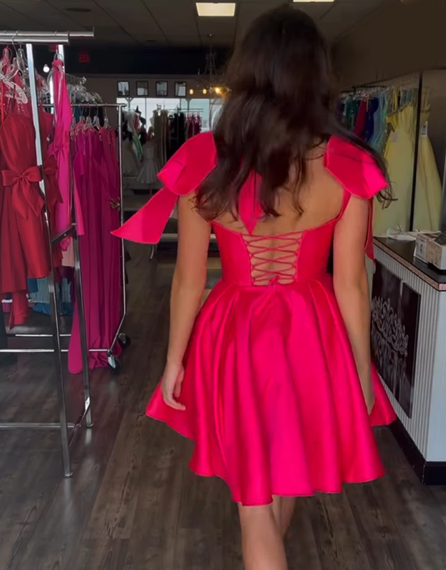 Red A-Line Spaghetti Straps Satin Short Homecoming Dress with Bows