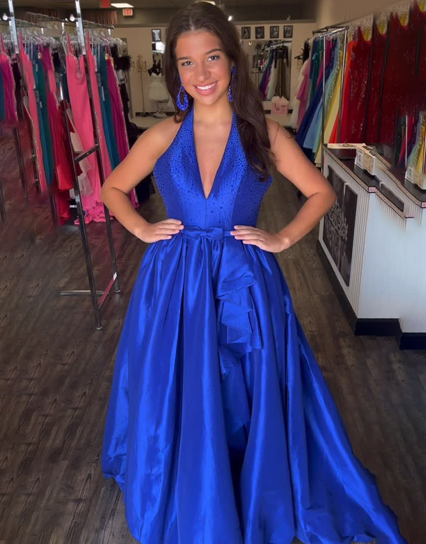 Sparkly Royal Blue A-Line Satin Halter Long Prom Dress with Beading