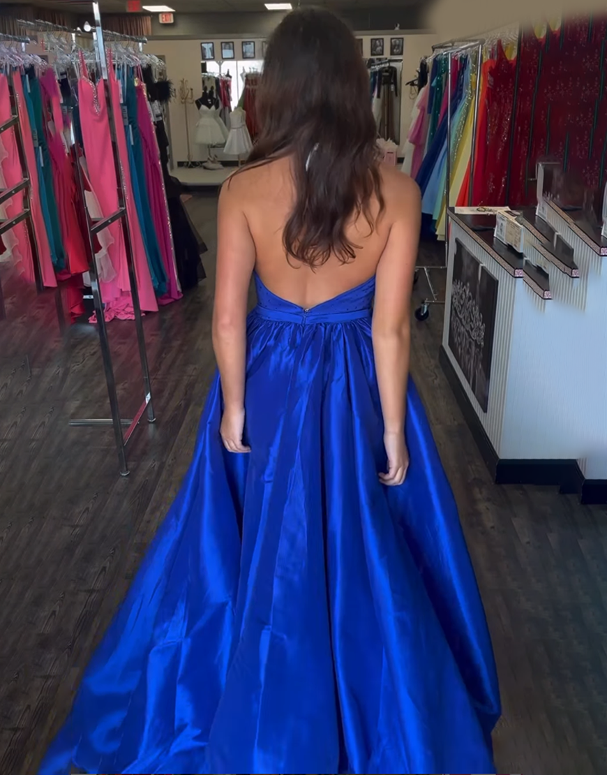 Sparkly Royal Blue A-Line Satin Halter Long Prom Dress with Beading