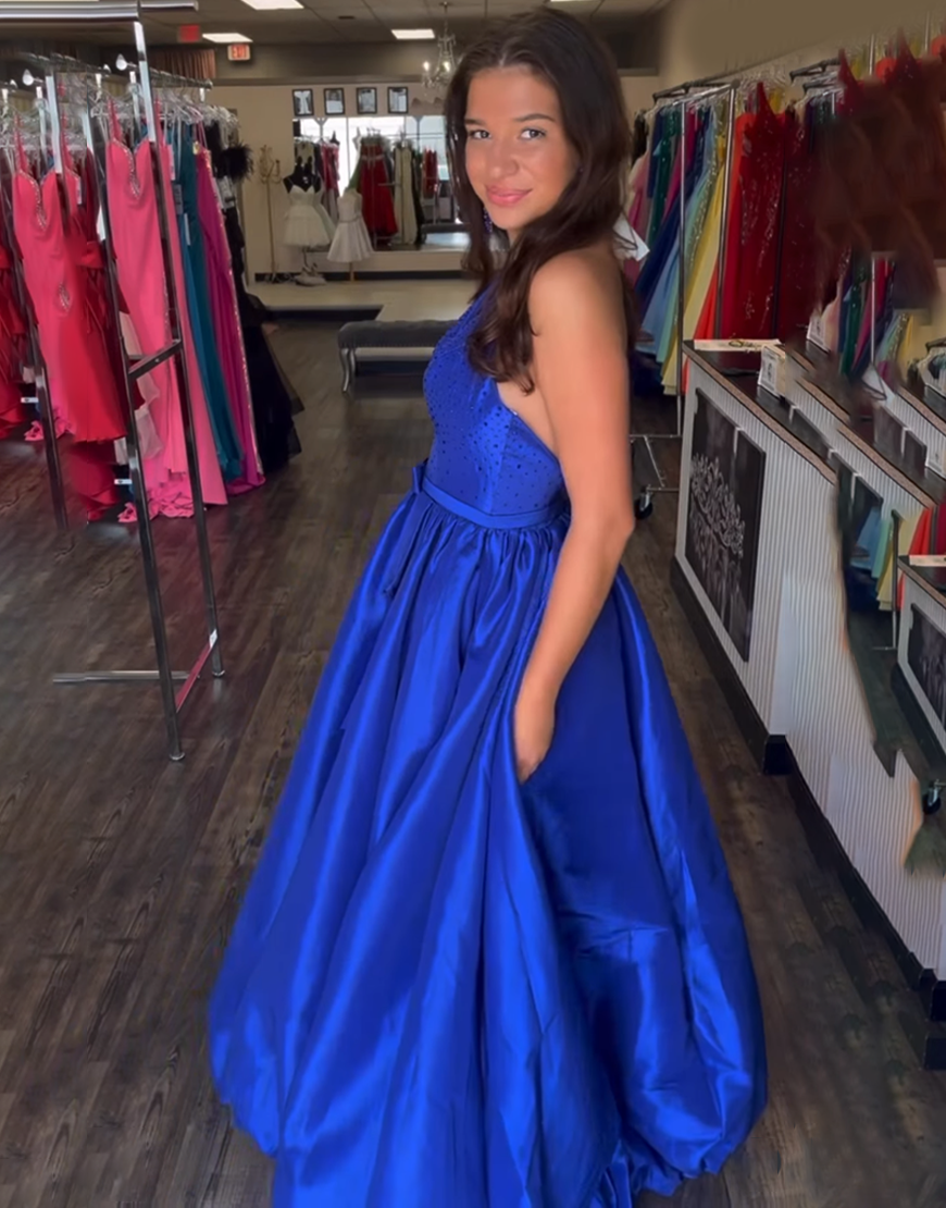 Sparkly Royal Blue A-Line Satin Halter Long Prom Dress with Beading