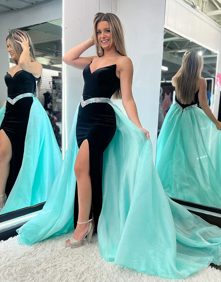 Sparkly Black Mermaid Sweetheart Velvet Long Prom Dress with Beading