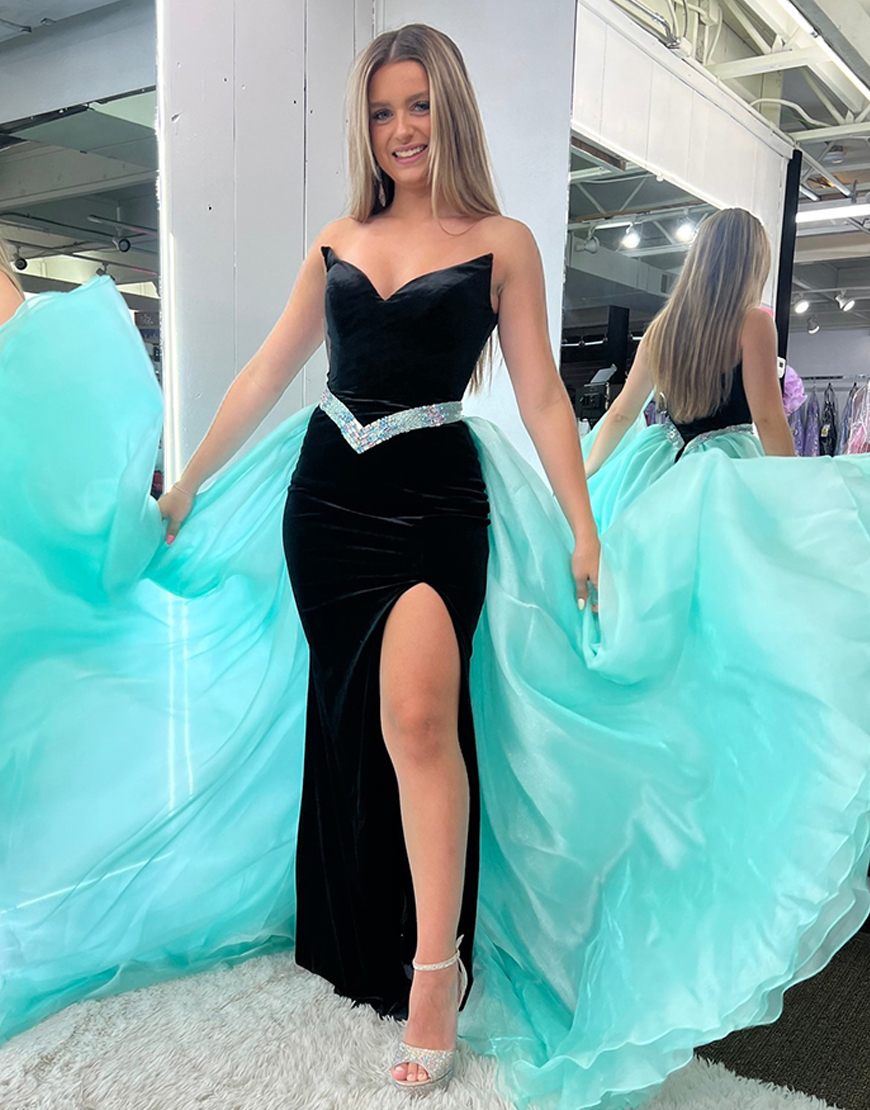 Sparkly Black Mermaid Sweetheart Velvet Long Prom Dress with Beading