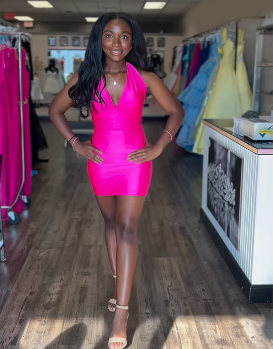 Fuchsia Halter Tight Satin Homecoming Dress with Bow