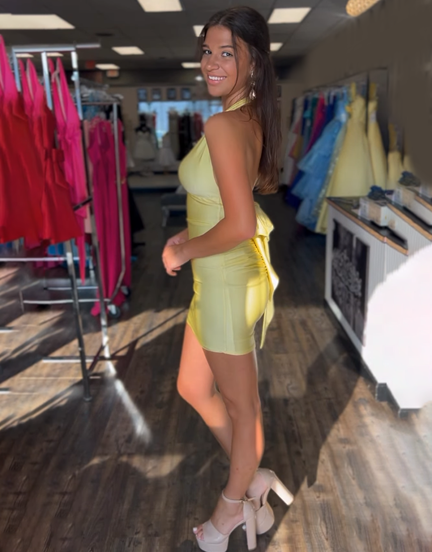 Fuchsia Halter Tight Satin Homecoming Dress with Bow