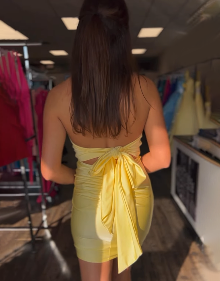 Fuchsia Halter Tight Satin Homecoming Dress with Bow