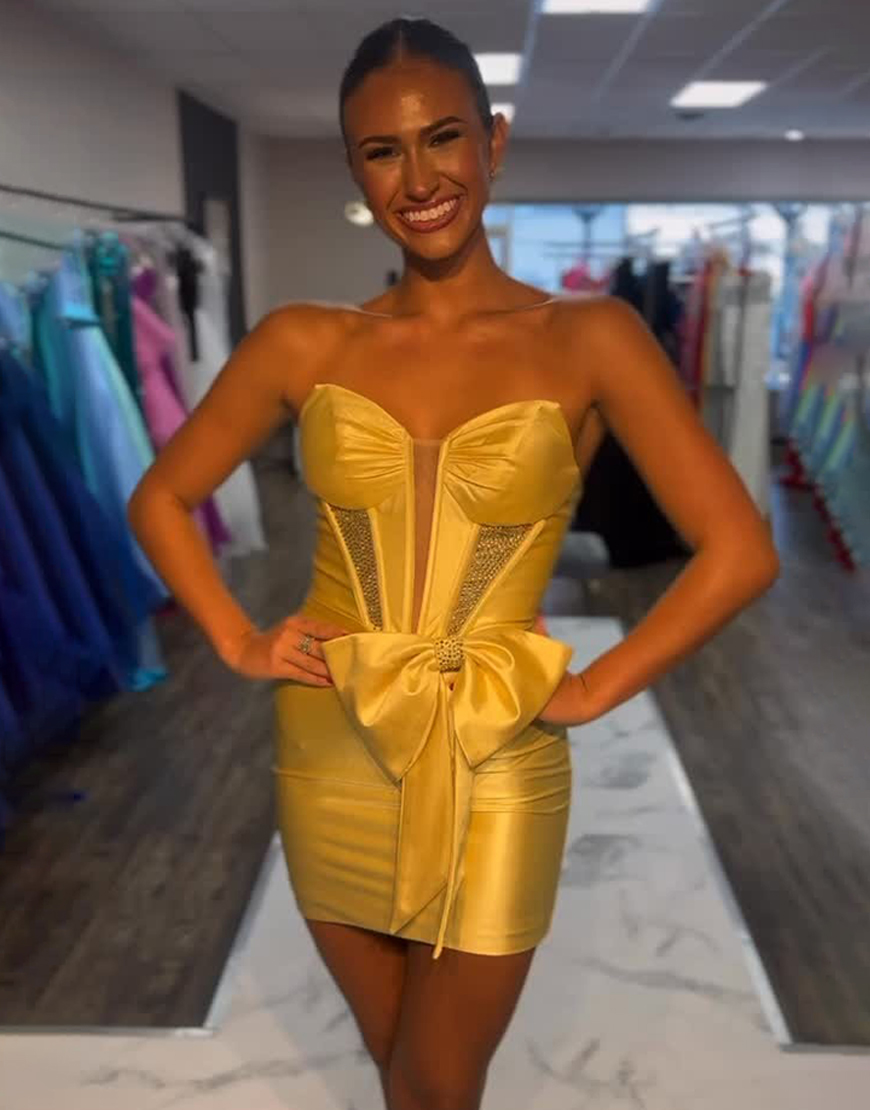 Sparkly Gold Sweetheart Tight Corset Short Satin Homecoming Dress with Beading