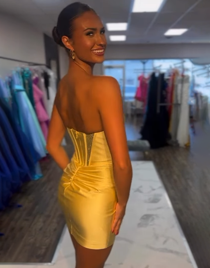 Sparkly Gold Sweetheart Tight Corset Short Satin Homecoming Dress with Beading