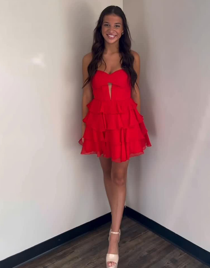 Red Sweetheart A-Line Chiffon Ruffled Short Corset Homecoming Dress