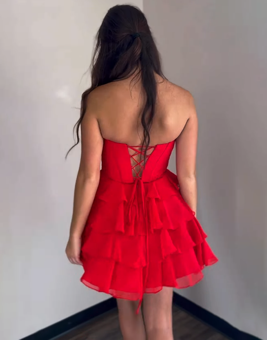 Red Sweetheart A-Line Chiffon Ruffled Short Corset Homecoming Dress