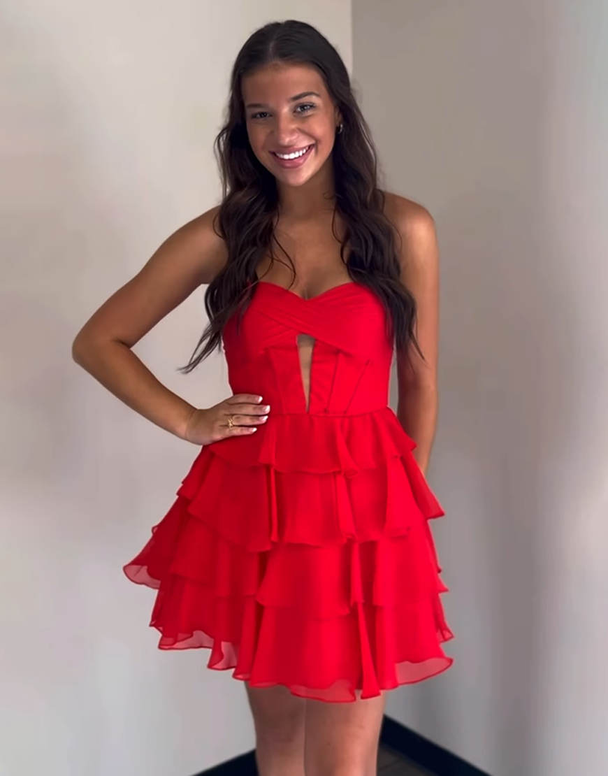 Red Sweetheart A-Line Chiffon Ruffled Short Corset Homecoming Dress