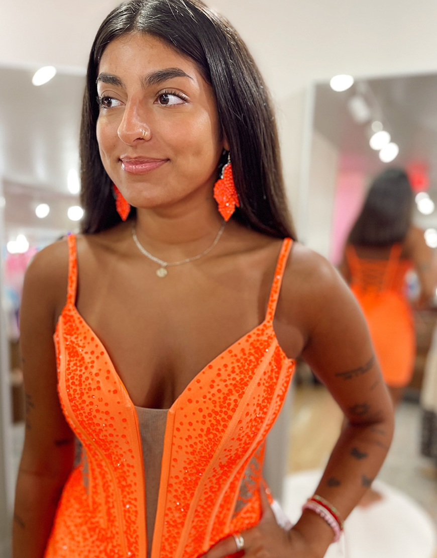 Sparkly Orange Spaghetti Straps Tight Short Corset Homecoming Dress with Beading