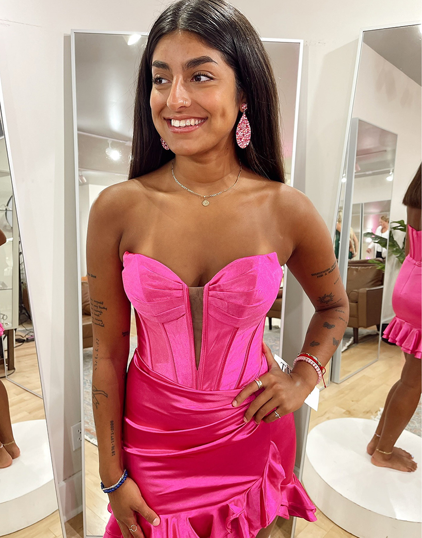 Fuchsia Sweetheart Tight Corset Short Satin Homecoming Dress with Ruffles