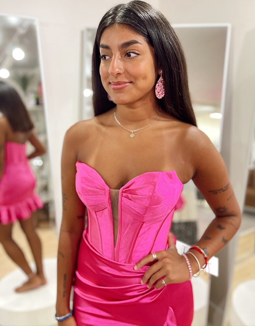 Fuchsia Sweetheart Tight Corset Short Satin Homecoming Dress with Ruffles