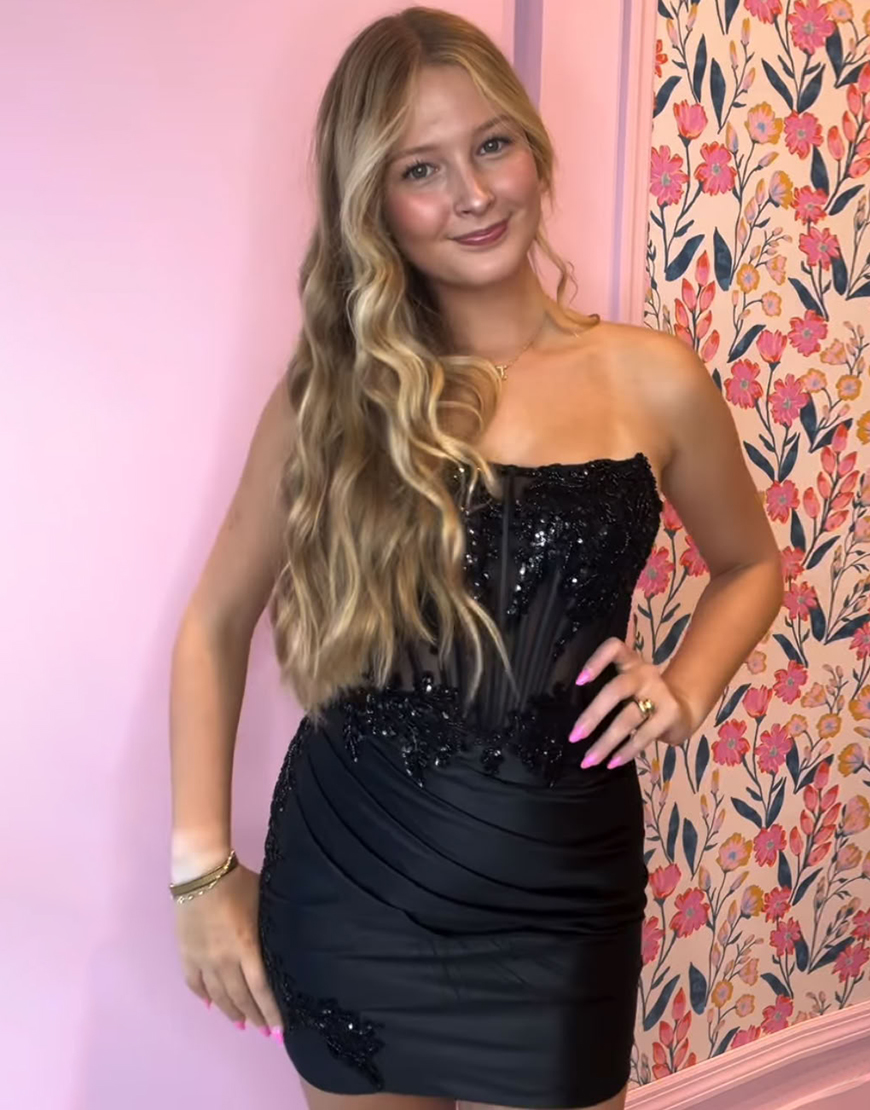 Sparkly Hot Pink Strapless Tight Corset Satin Homecoming Dress with Appliques