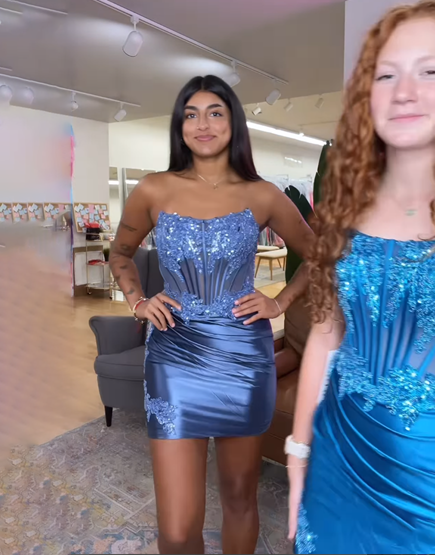 Sparkly Hot Pink Strapless Tight Corset Satin Homecoming Dress with Appliques