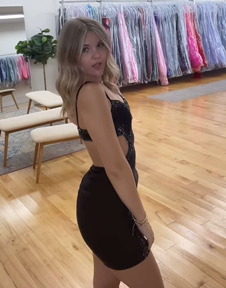 Sparkly Black Spaghetti Straps Tight Short Satin Homecoming Dress with Beading