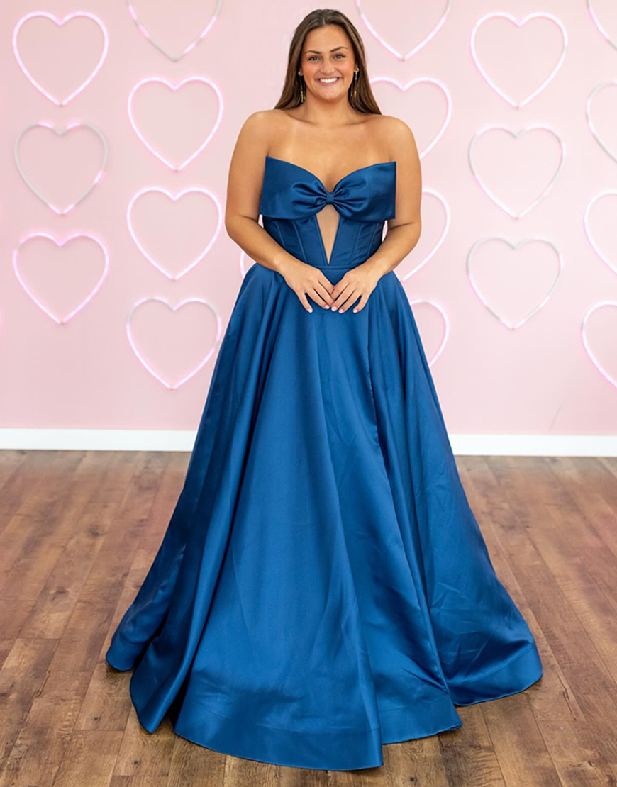 Navy A-Line Sweetheart Satin Corset Long Prom Dress with Bow