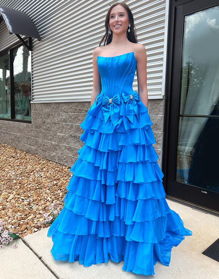 Yellow Strapless A-Line Long Corset Ruffled Prom Dress with Bows