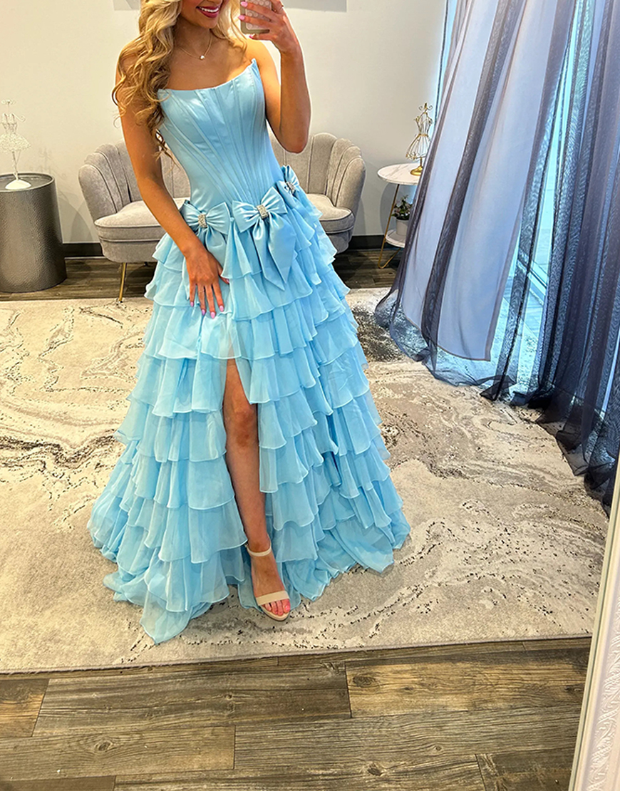 Sky Blue Strapless A-Line Long Corset Ruffled Prom Dress with Bows