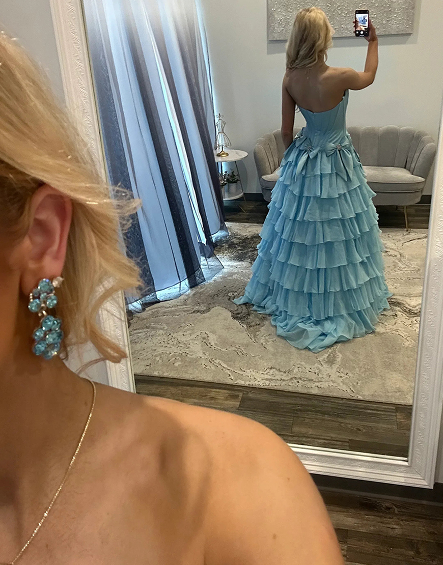 Sky Blue Strapless A-Line Long Corset Ruffled Prom Dress with Bows