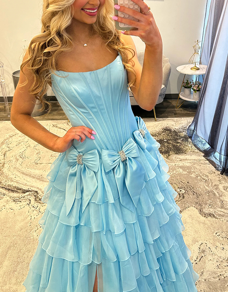 Sky Blue Strapless A-Line Long Corset Ruffled Prom Dress with Bows
