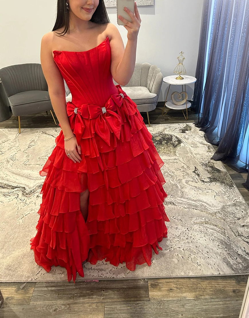 Sky Blue Strapless A-Line Long Corset Ruffled Prom Dress with Bows