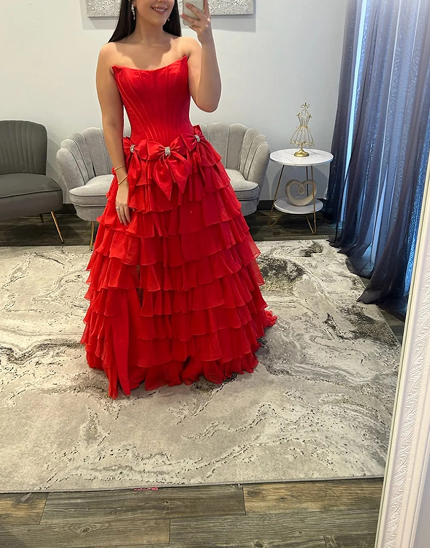 Sky Blue Strapless A-Line Long Corset Ruffled Prom Dress with Bows