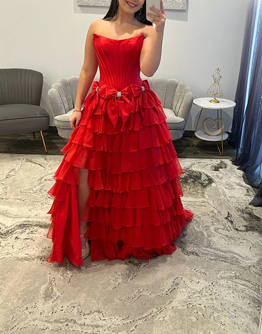 Sky Blue Strapless A-Line Long Corset Ruffled Prom Dress with Bows