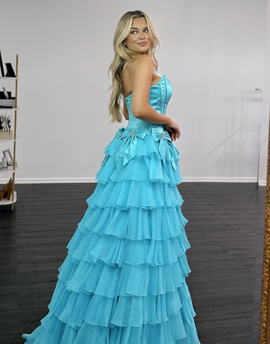 Yellow Strapless A-Line Long Corset Ruffled Prom Dress with Bows
