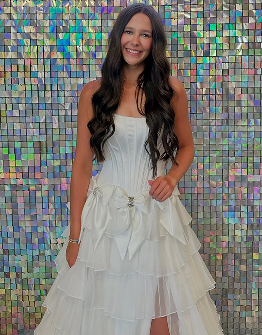 Yellow Strapless A-Line Long Corset Ruffled Prom Dress with Bows