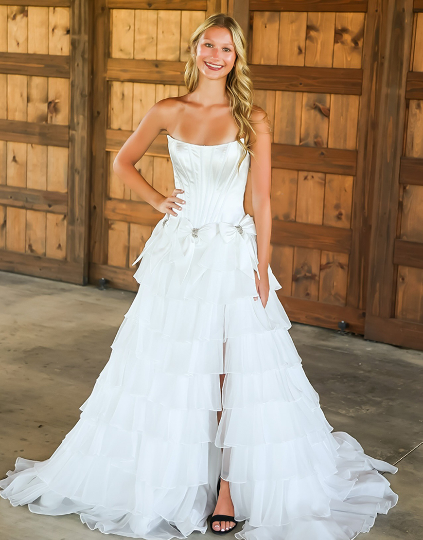 Yellow Strapless A-Line Long Corset Ruffled Prom Dress with Bows