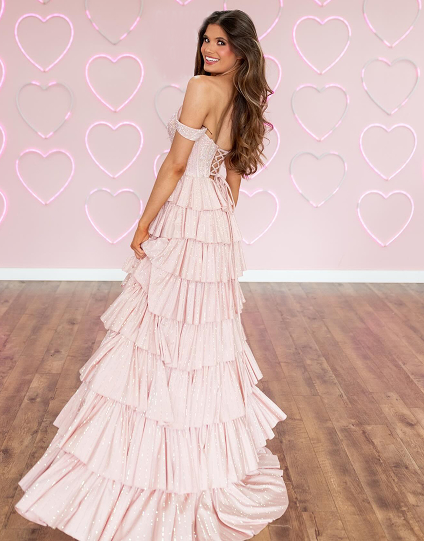 Sparkly Pink A-Line Off the Shoulder Ruffled Long Corset Prom Dress with Beading