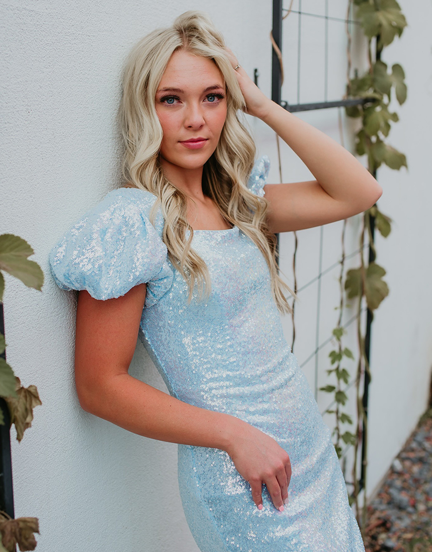 Sparkly Light Blue Square Neck Sequin Tight Puff Sleeves Short Homecoming Dress
