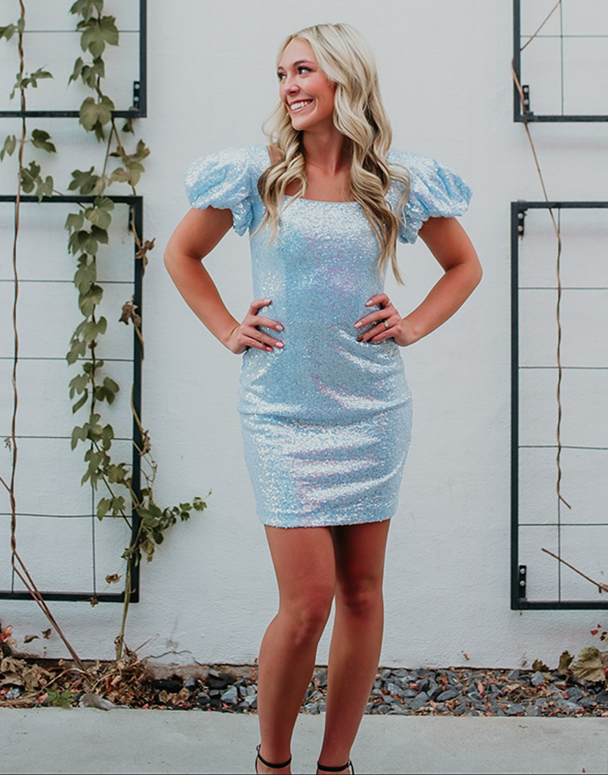 Sparkly Light Blue Square Neck Sequin Tight Puff Sleeves Short Homecoming Dress
