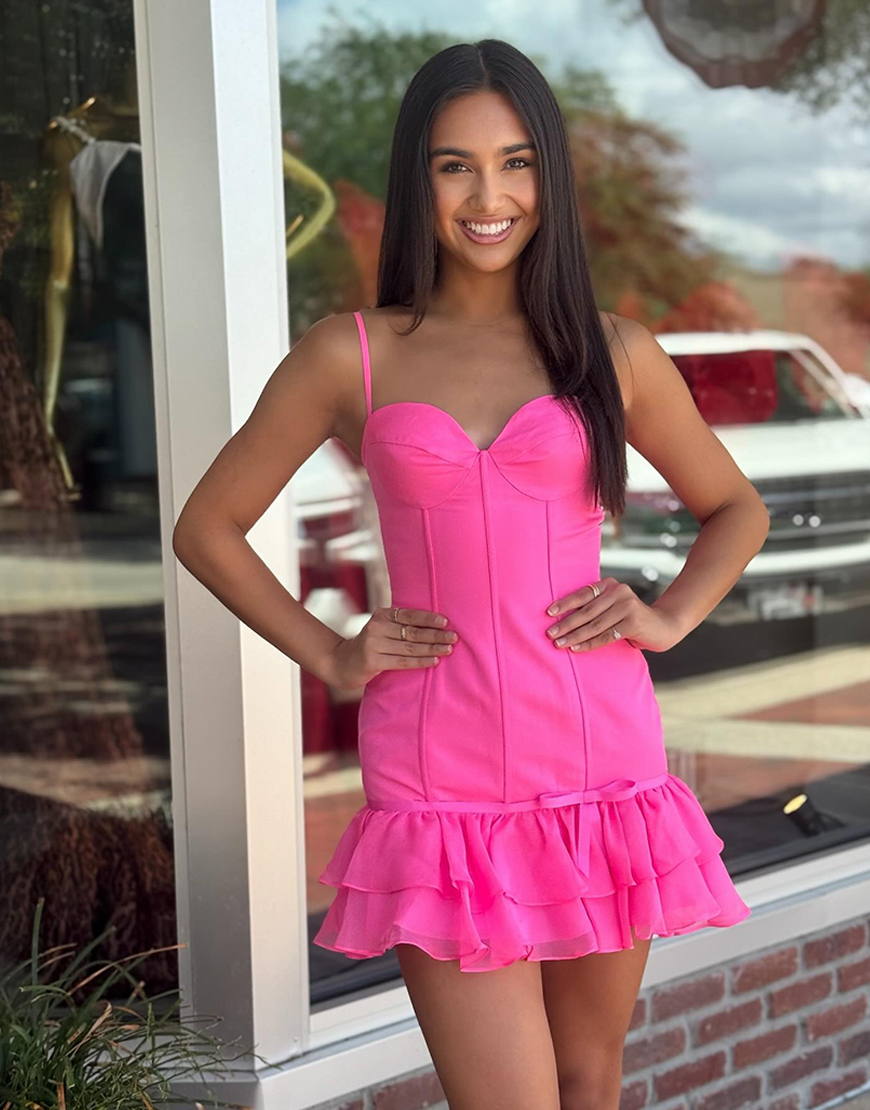 Fuchsia Spaghetti Straps Short Ruffled Tight Homecoming Dress