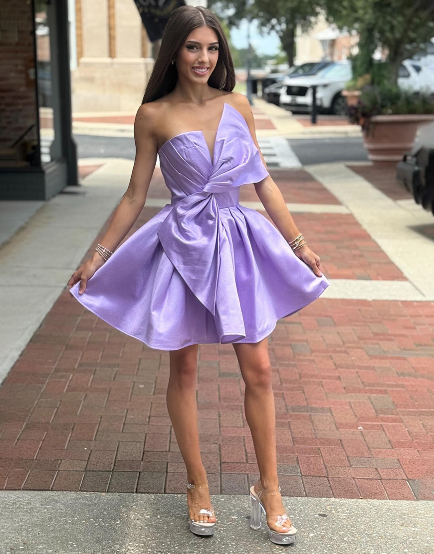 Lilac Strapless Satin A-Line Short Homecoming Dress with Bow