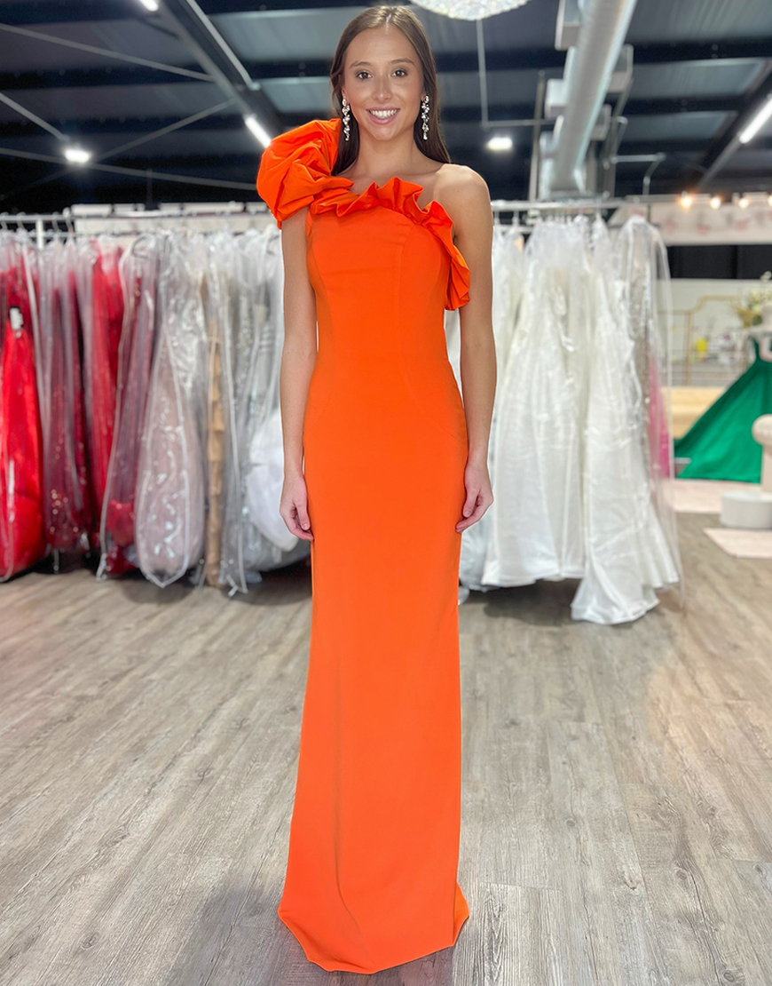 Orange One Shoulder Mermaid Long Satin Prom Dress with Ruffles