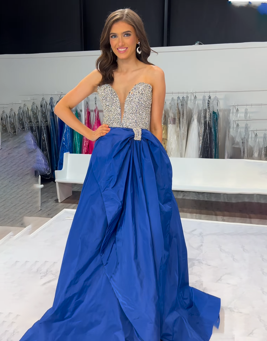 Sparkly Royal Blue Sweetheart A-Line Satin Long Prom Dress with Beading
