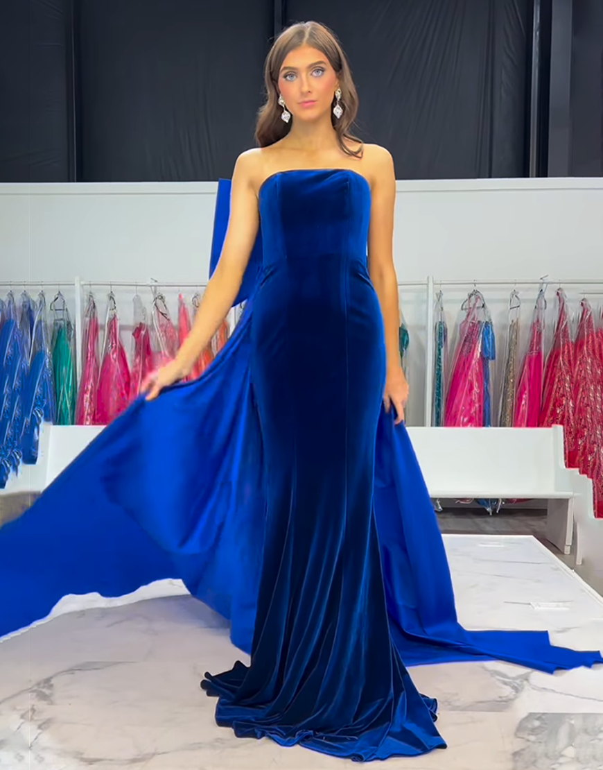 Royal Blue Mermaid Strapless Velvet Long Prom Dress with Bow