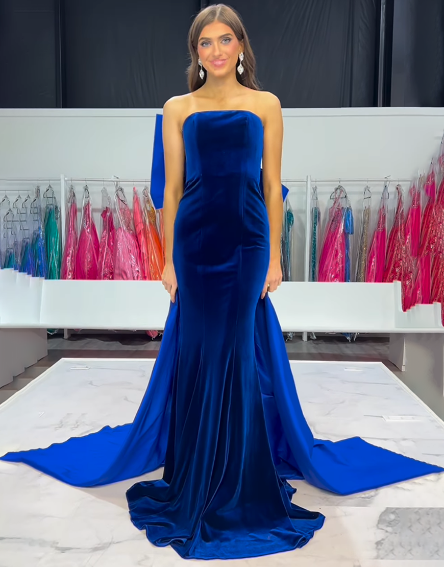 Royal Blue Mermaid Strapless Velvet Long Prom Dress with Bow