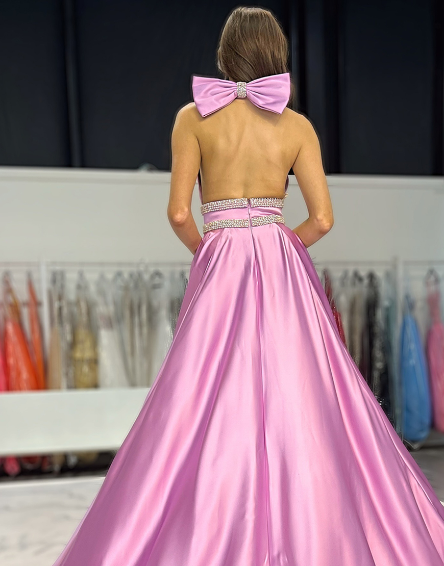Sparkly Lilac A-Line Halter Satin Long Prom Dress with Beading