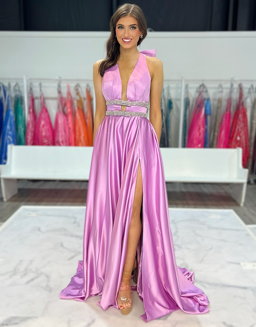 Sparkly Lilac A-Line Halter Satin Long Prom Dress with Beading