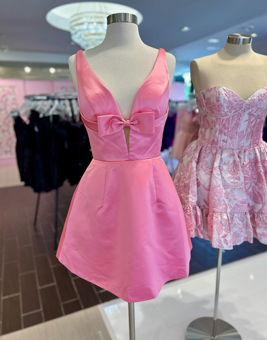 Red V-Neck A-Line Short Satin Homecoming Dress with Bow