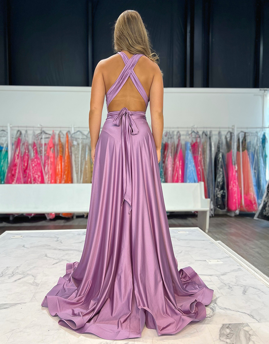 Simple Purple V-Neck A-Line Long Satin Prom Dress