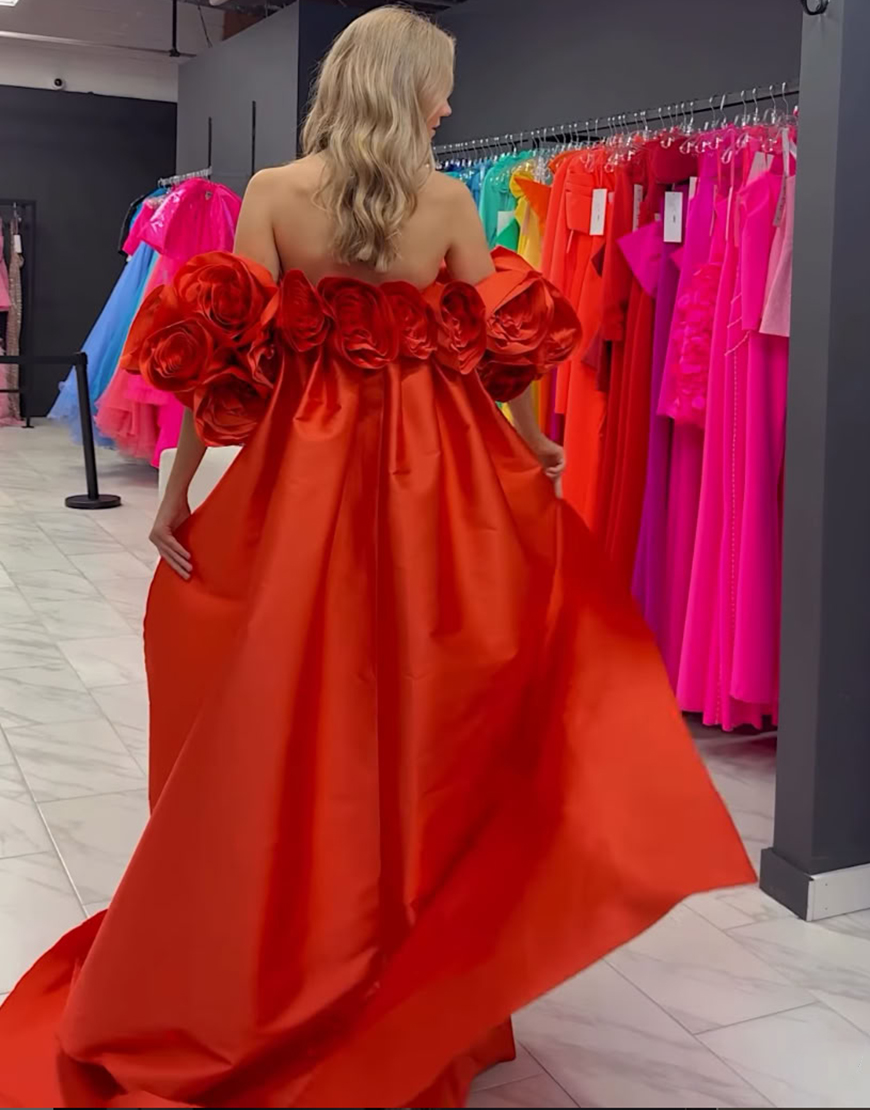 Red Strapless Detachable Cape Long Satin Prom Dress with 3D Flowers