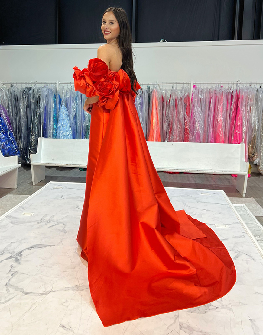 Red Strapless Detachable Cape Long Satin Prom Dress with 3D Flowers