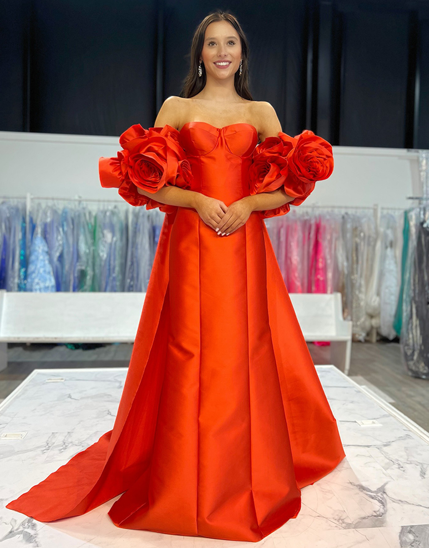 Red Strapless Detachable Cape Long Satin Prom Dress with 3D Flowers